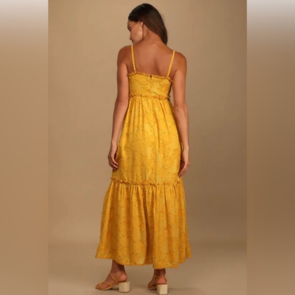 Lulus Charm and Charisma Mustard Yellow Burnout Floral Midi Dress Size L - Picture 2 of 14